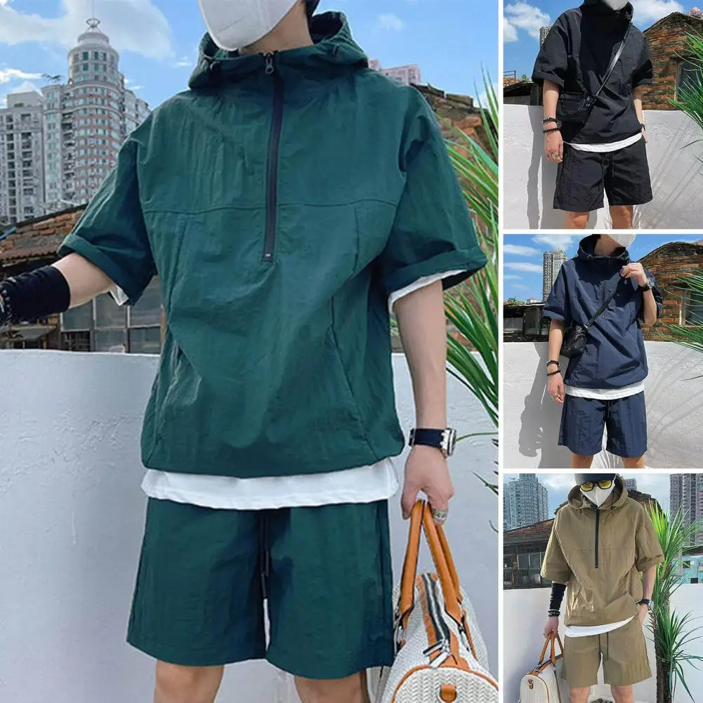 

Summer Cargo Style Set Men's Casual Hooded Solid Short Sleeve T-shirt Shorts Loose Fashion High Quality Handsome Sweatshirt Suit