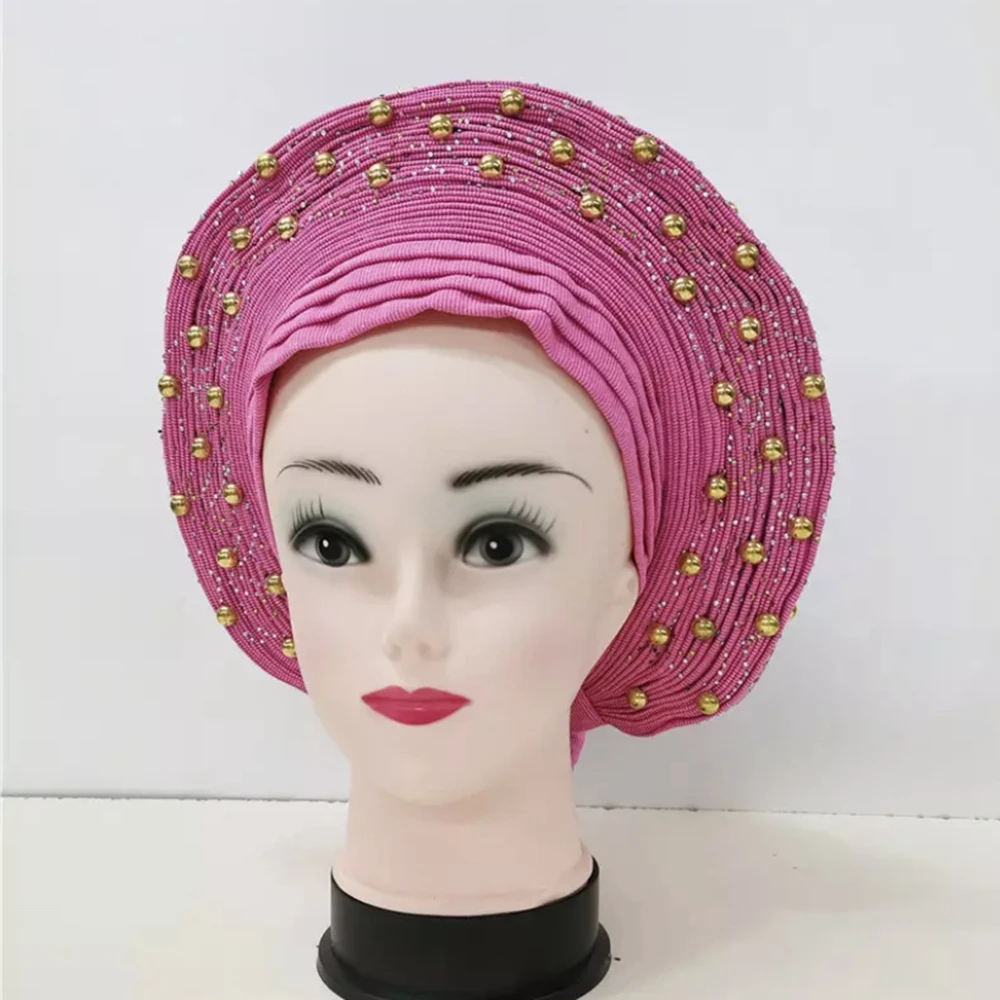 African Sego Gele Headtie Già Realizzato Turbante Automatico Afro Aso Ebi Oke Rosa Blu Con Pietra Beawide Tesa Nigeriana Per La Festa Di Nozze