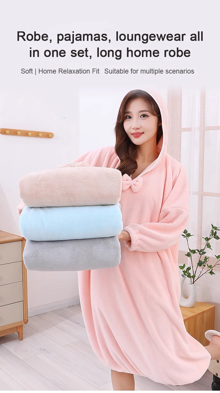 Long home bath skirt female wearable absorbent thickened household bath towel hooded coral velvet long-sleeved home Bath skirt