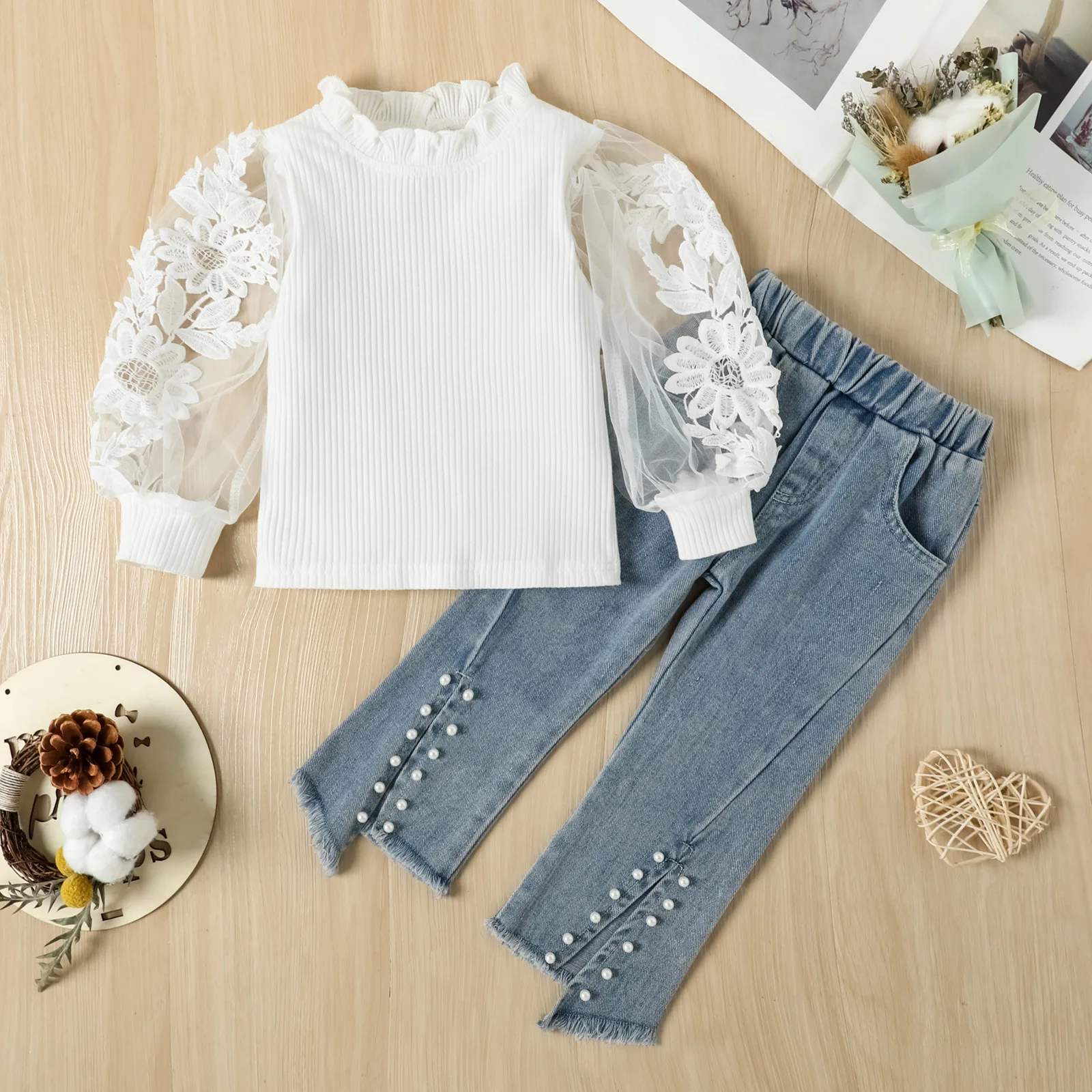 

Fashion Girls Clothing Set Flower Long Sleeve Shirts Pearls Jeans Two Piece Kids Clothes for Toddler Children Spring Suits