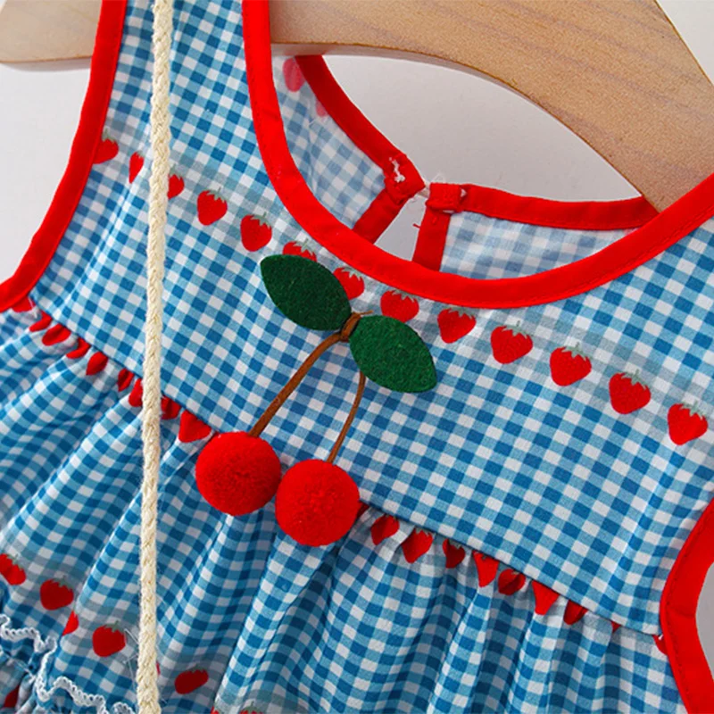 Baby Girl Summer Dress Sleeveless Round Neck Plaid Heart Cherry Cotton Skirt Diagonal Cross Bag 2 Pcs girls dress baby girl dress