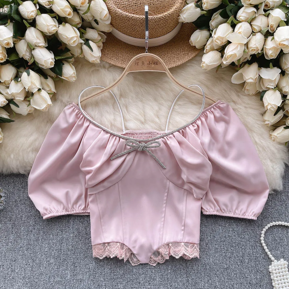 

French Off Shoulder Bubble Sleeve Shirt Short Design Lace Bow Top