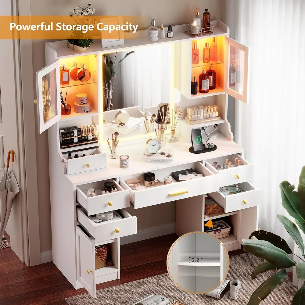 white makeup vanity desk with mirror and lights, large vanity table set with charging station, dressing table with rgb cabinets,