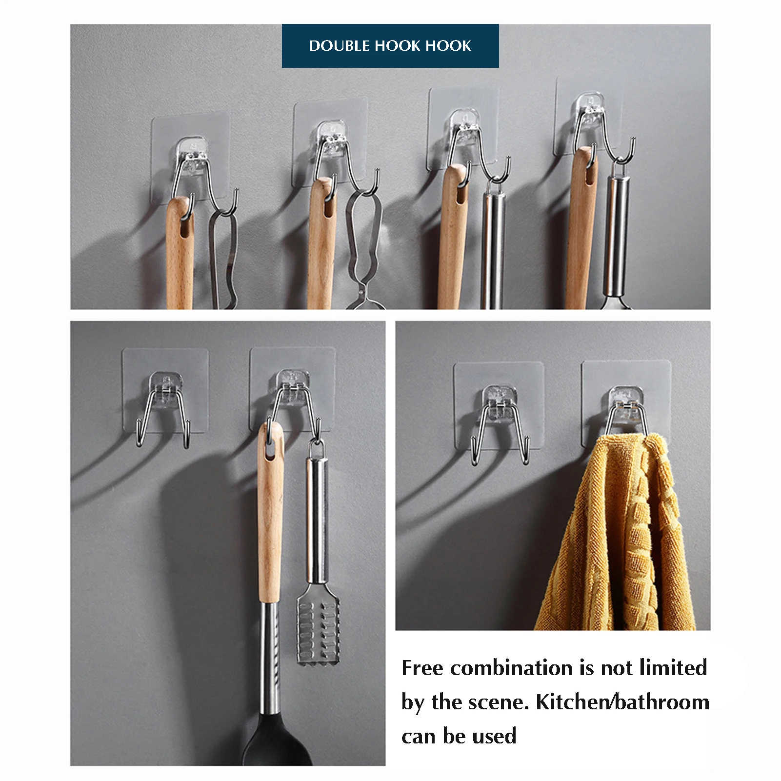 Kitchen Storage Hook Stainless Steel Adhesive Free Hook For Kitchenware Cloth Mop Organizer Strong Storage Double Head Hooks