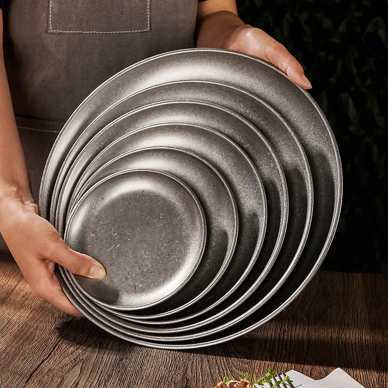Retro Stainless Steel Storage Trays Kitchen Dinner Plate Round Snow Gray Tableware Plate Coffee Dessert Cake Serving Dishes