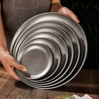 Retro Stainless Steel Storage Trays Kitchen Dinner Plate Round Snow Gray Tableware Plate Coffee Dessert Cake Serving Dishes 1