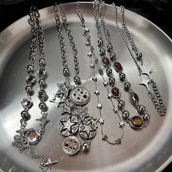 Punk Retro Button Star Pendant Necklace Trendy Delicate Silver Color Unisex Choker Personalised Luxury Jewelry for Women