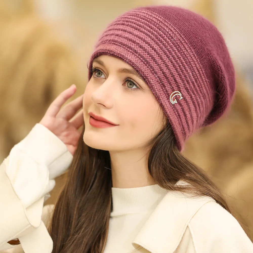 Gebreide muts voor dames winter met konijnenbont mix g-logo_voghion.com