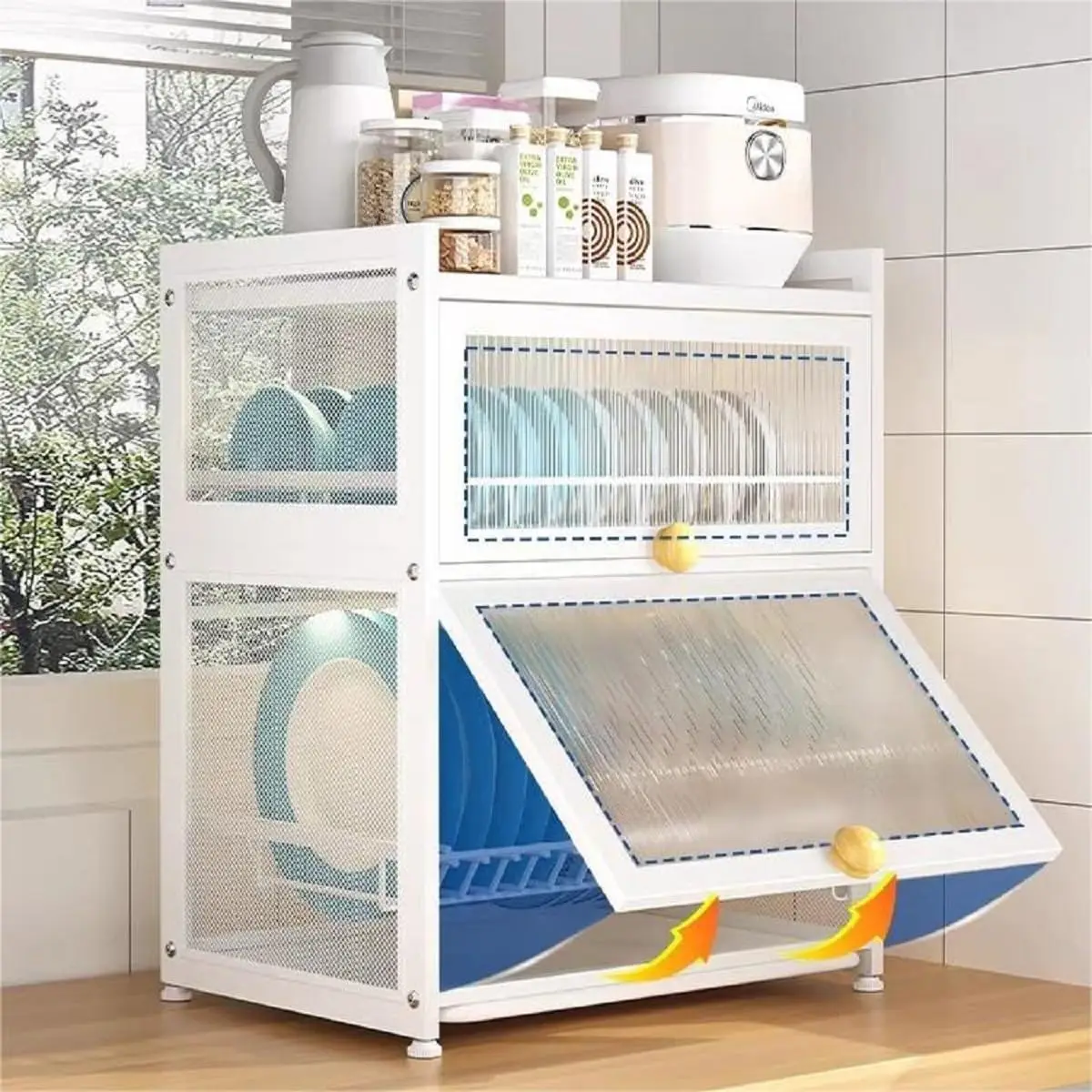 Medium Dish Drying Rack for Kitchen Counter, Stainless Steel Dish Strainer with Cover 2 Tier Kitchen Counter Utensil Holder