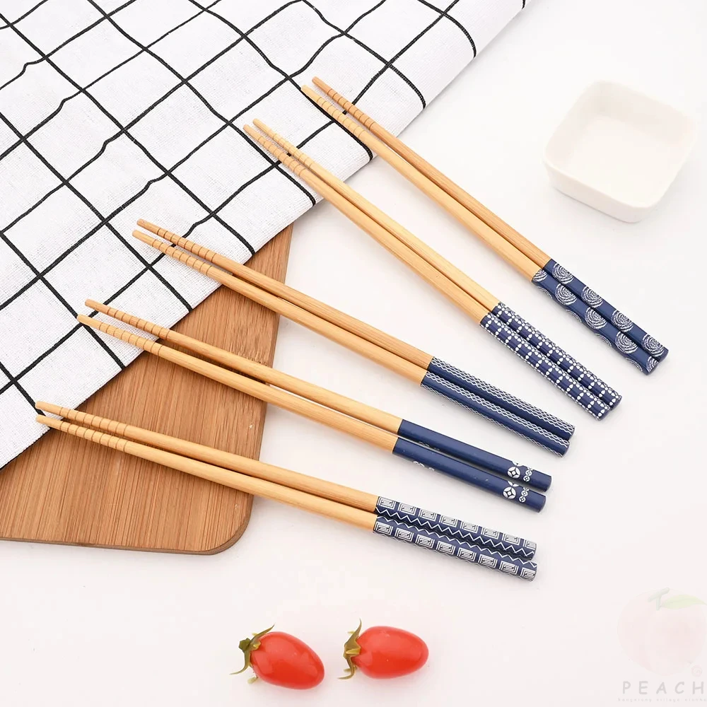 Wooden Chopsticks Reusable 5Pairs Handmade Bamboo Japanese Natural Sushi Food Cat Flower Multi Color