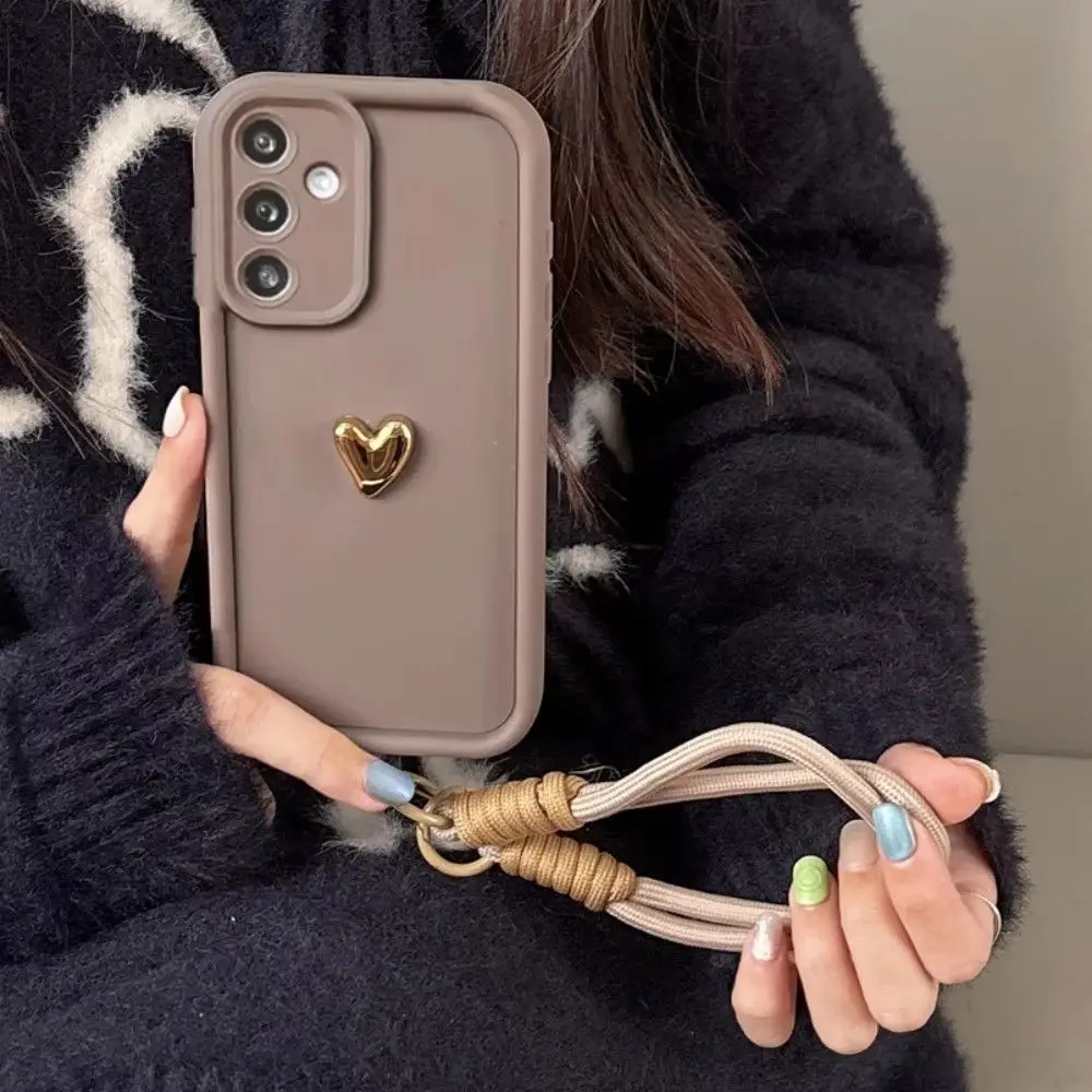 3D Gold Heart Silicone Phone Case with Lanyard - Soft Cover