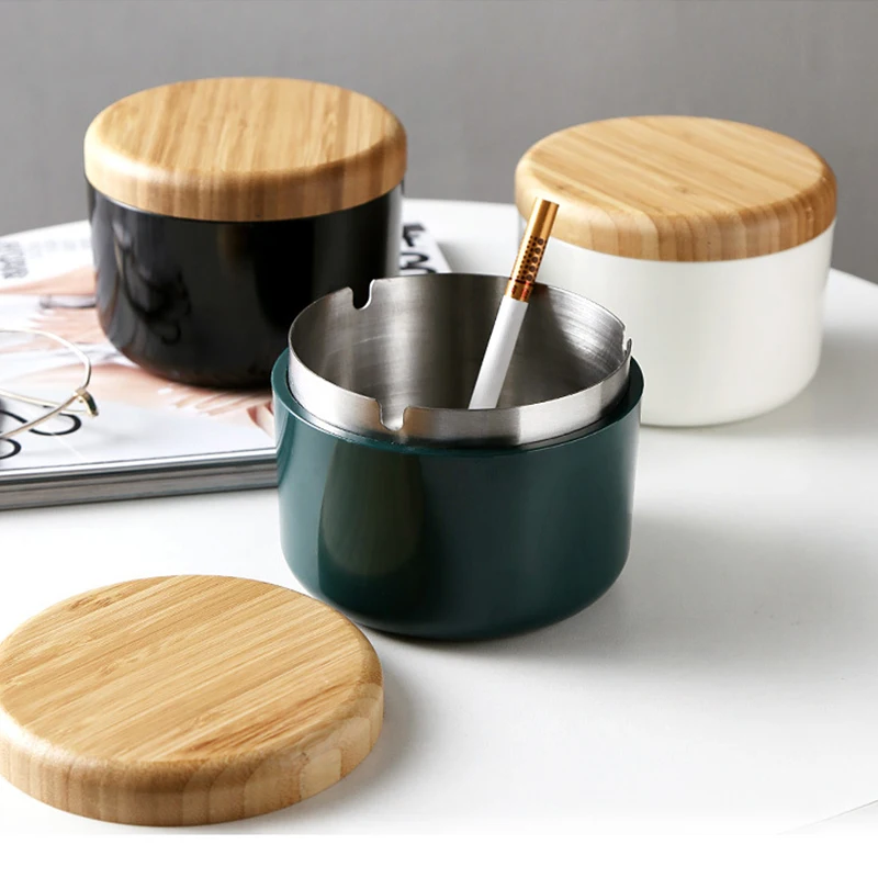 

Wooden Lid Desktop Ashtray For Office Home Coffee Stainless Steel Windproof Detachable Ashtray Smoking Accessories