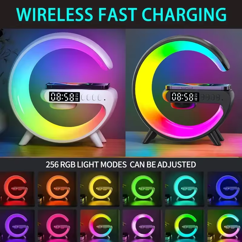 RGB Night Light Lamp Multifunction Alarm Clock TF Blueotooth Speaker 15W Wireless Charger Station Pad For iPhone Huawei Xiaomi