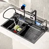 Stainless Steel Waterfall Kitchen Sink Honeycomb Scratch Resistant Right Drain Wash Basin Large Single Slot Smartphone Holder 1