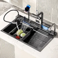 Stainless Steel Waterfall Kitchen Sink Honeycomb Scratch Resistant Right Drain Wash Basin Large Single Slot Smartphone Holder 1