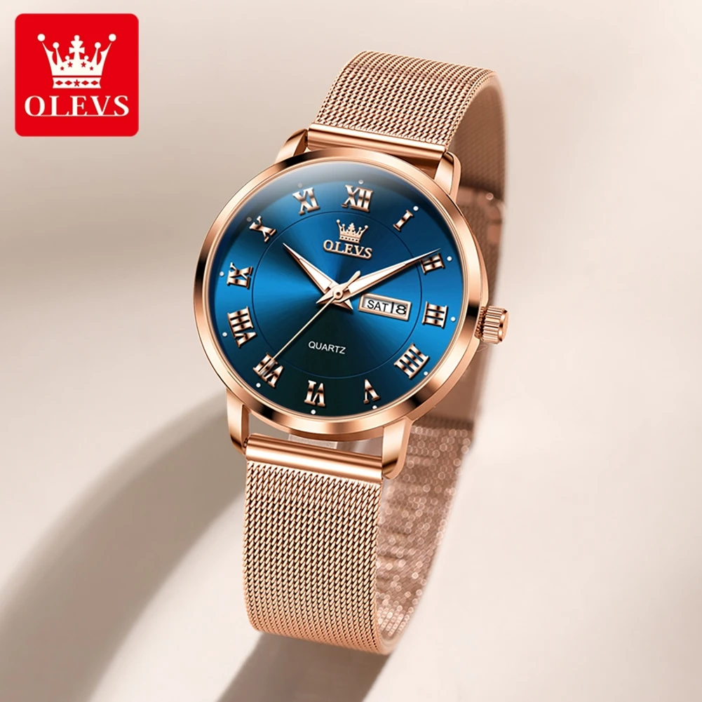 OLEVS Luxury Brand Women's Watches Week Calendar Fashion Quartz Watch Milanese Mesh Belt Waterproof Luminous Original Female