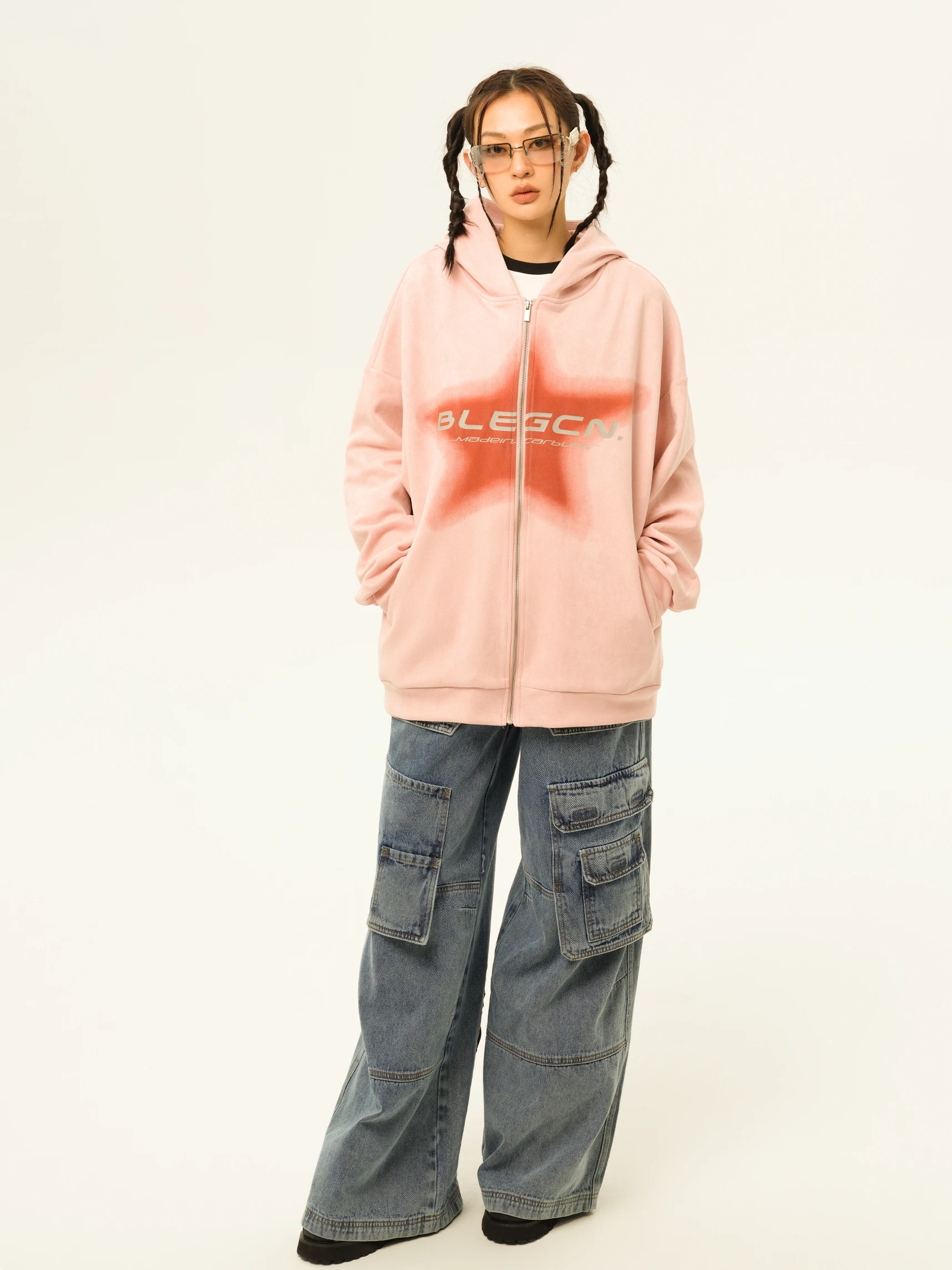 Sweater Coat Women's Vintage Suede Pink Spring and Autumn American Large Size Hooded Cardigan Trendy Zipper Hooded Loose