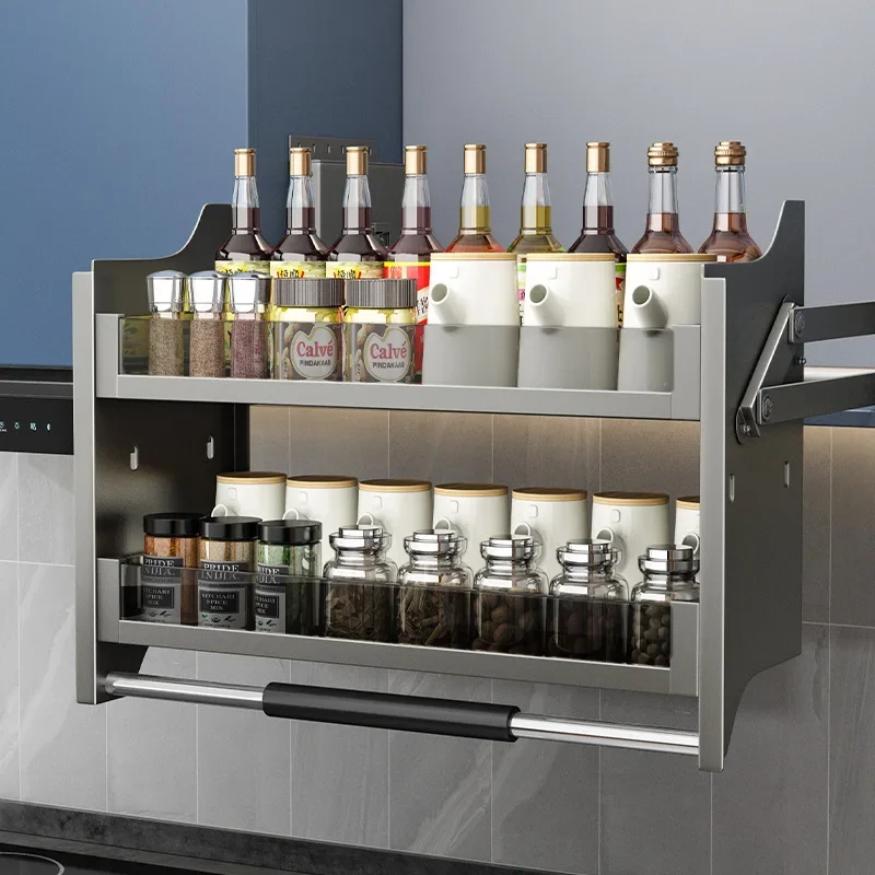Kitchen Lift Basket, Modular Kitchen, Double Layered Storage Shelves with Upper and Lower Buffering, Multiple Sizes, Gun Gray