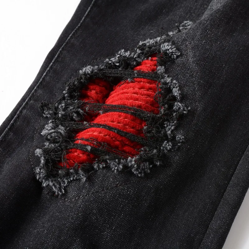 Mens Black Slim Fit Ripped Jeans Streetwear Hip Hop Red Patch Frayed Elastic Hole Jeans Trousers Male 5