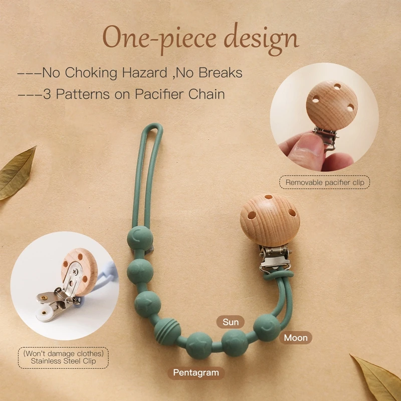 Beech Wood Chew Bead Pacifier Clips Dummy Chain Holder Newborn Soother Chains Nipple Holder For Babies Teething Toy Baby Chew 5