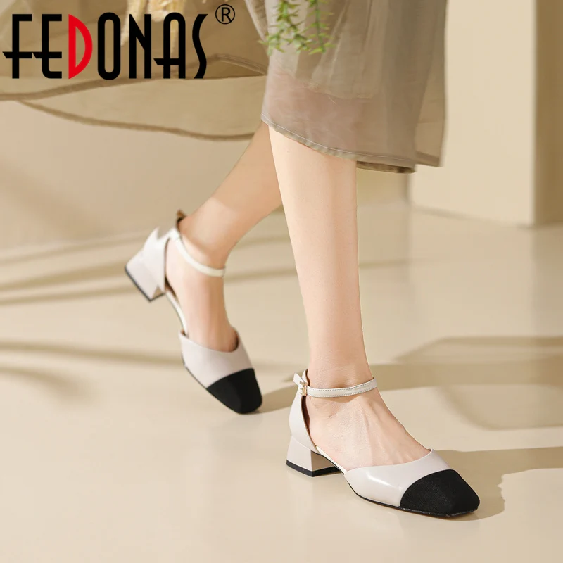 

FEDONAS Baisc Thick Heels Women Sandals Spring Summer Splicing New Genuine Leather Office Lady Working Pumps Shoes Woman Concise