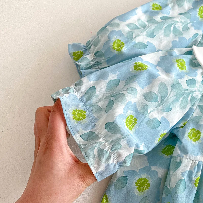 Blau Gedruckt Mädchen Kleid Baumwolle Baby Mädchen Kleider Neugeborenen Blume Drehen Unten Kragen Strampler Herbst Nette Bodys Kleidung – Detail 15