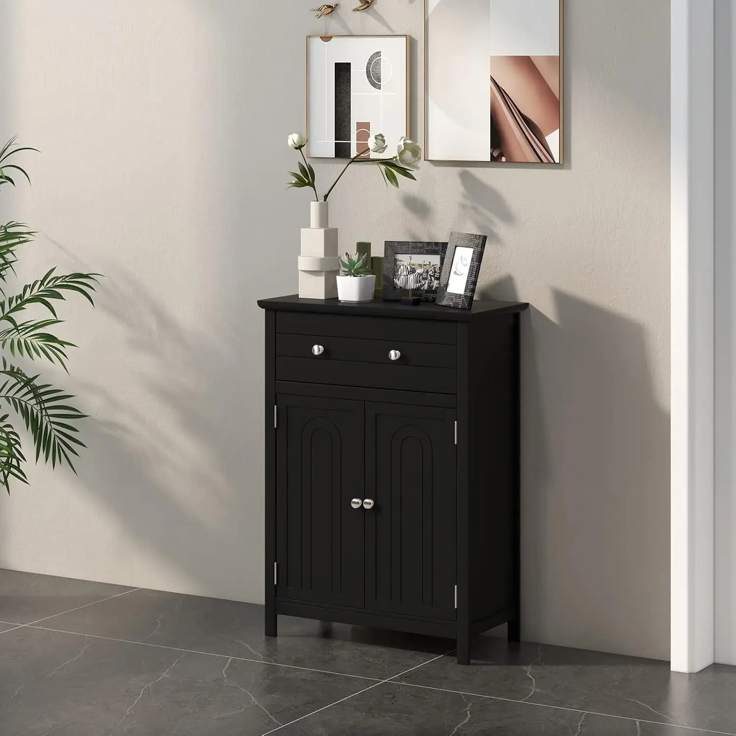 Bathroom Floor Cabinet, Wooden Side Storage Organizer w/Larger Drawer, Adjustable Shelf & 2-Door Cupboard,Freestanding Storage