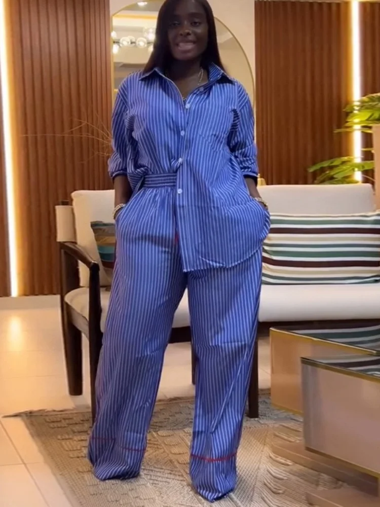 Wmstar Two Piece Set Women Wholesale Woman 2025 Summer New Fashion Lapel Loose Striped Shirt  Suit Wide Leg Trousers Pant Sets