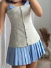 Patchwork Contrast Color Pleated Mini Dress Women Chic Strap Sleeveless Backless Single Breasted Dresses 2025 Spring Lady Robe 4