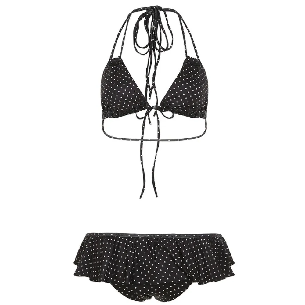 Sexy Ruffled Bikini Suit Slim Fit Lace Up Swimwear Set Deep-V Halter Neck Polka Dot Swimsuit Vacation