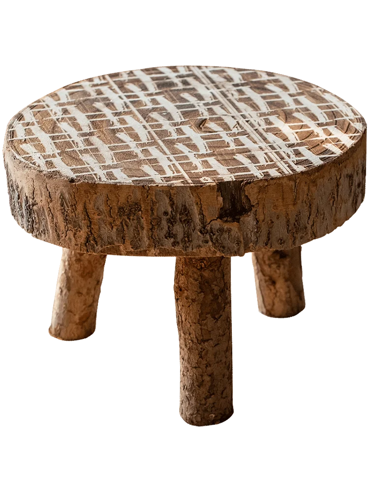 

Retro Solid Wood Low Stool Nostalgic round Decorative Stool Thickened Household Outdoor Art Flowerpot Bench Bracket