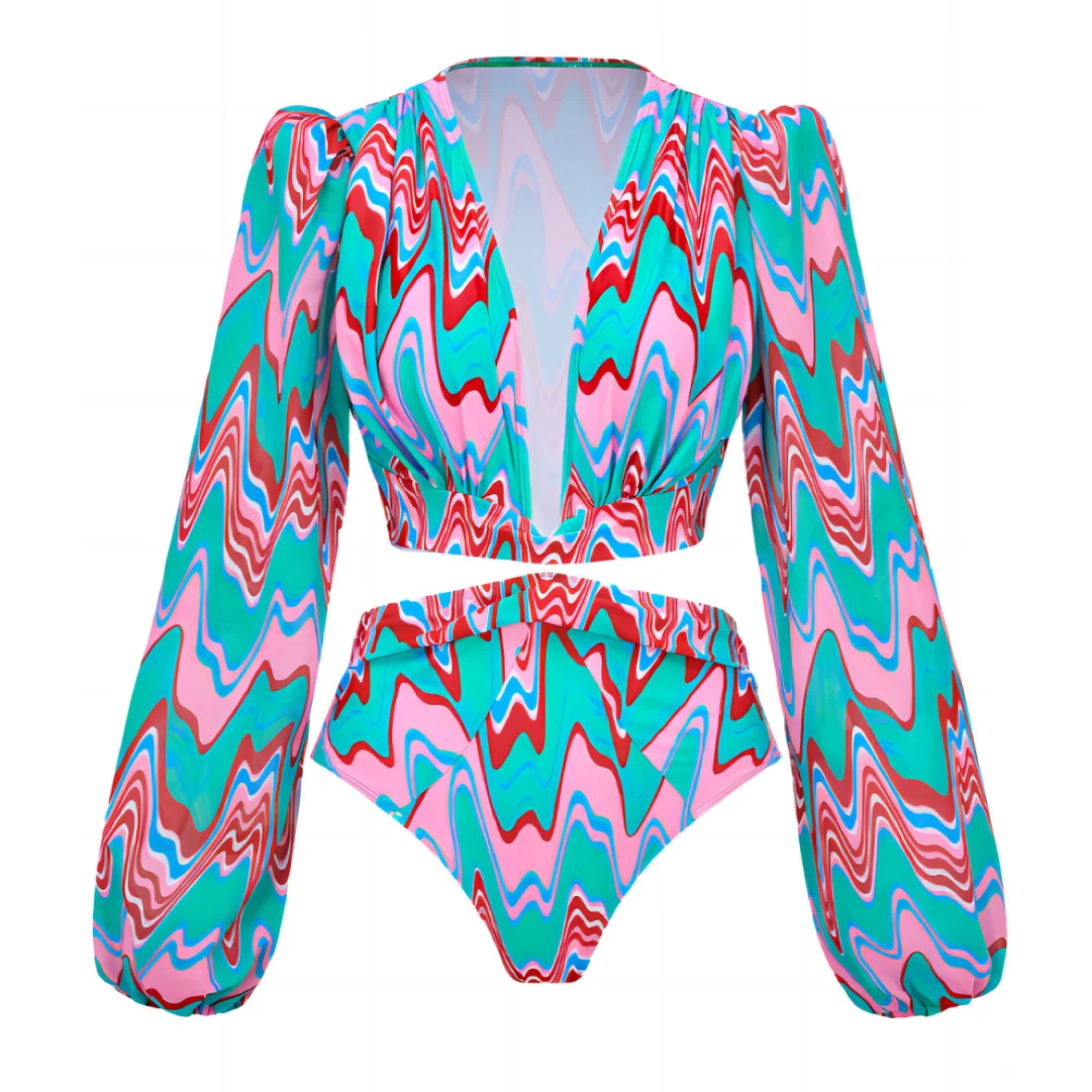 thumbnail image 5 of Traje de baño de una pieza 2024, traje de baño de manga larga para mujer, Monokini con estampado de vendaje, traje de baño negro Sexy, ropa de playa sin espalda con cordón, 5 of 5