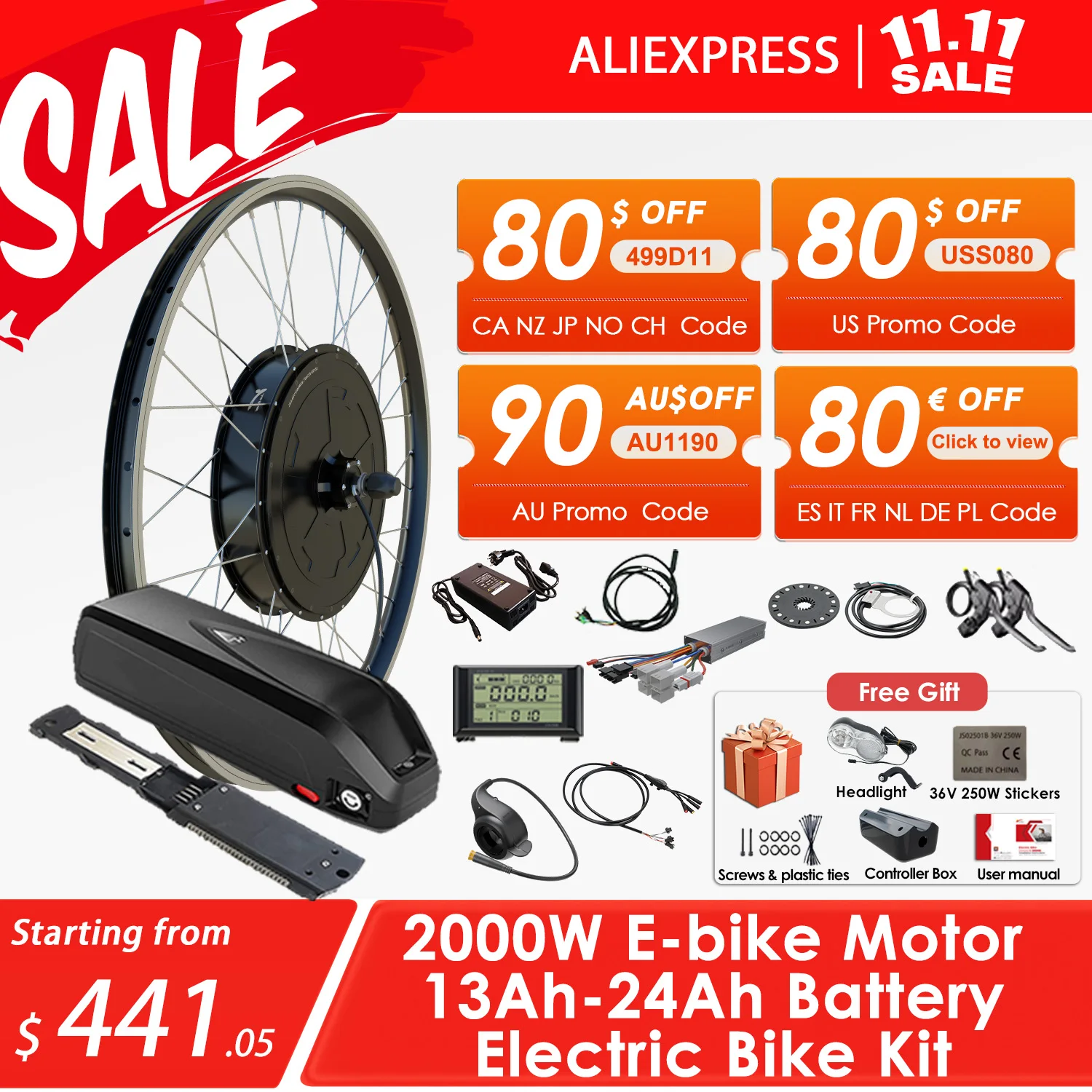 2000W Gearless Hub Motor Ebike Kit 48V 13Ah-24Ah Hailong Battery DIY Electric Bike Kit for Mountain Bicycle 26" 27.5" ebike motor kit