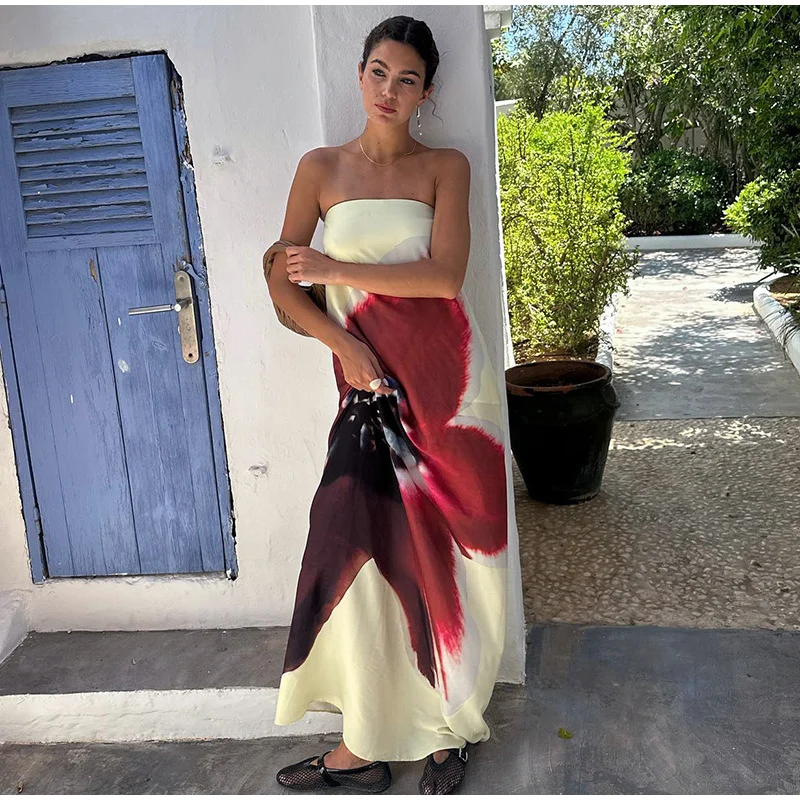 Sexy Floral Printed Strapless Long Dresses Women Loose Off The Shoulder Sleeveless Beach Dress 2025 Summer Lady Vacation Robes