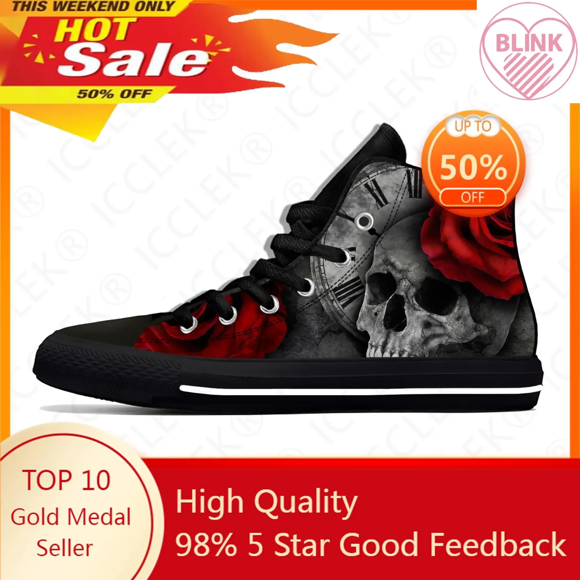 Rosas de crânios High Top Sneakers, homens e mulheres, calçados casuais para adolescentes, tênis de lona, impresso em 3D, respirável, sapato leve, quente