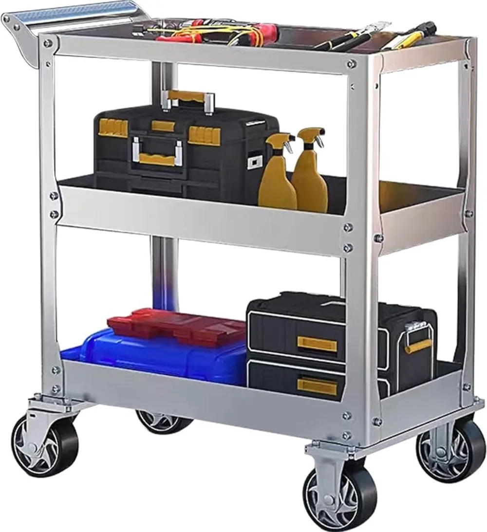 

3-Tier Stainless Steel Utility Cart, 1100 Lbs Heavy Duty Service Cart with Wheels, Rolling Tool Cart on Wheels, Work Cart