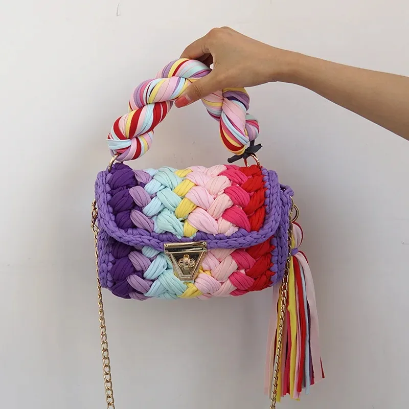 

Fashion Colorful Crochet Women Handbags Tassel Thick Rope Woven Shoulder Crossbody Bags Knitted Small Flap Female Purses 2024
