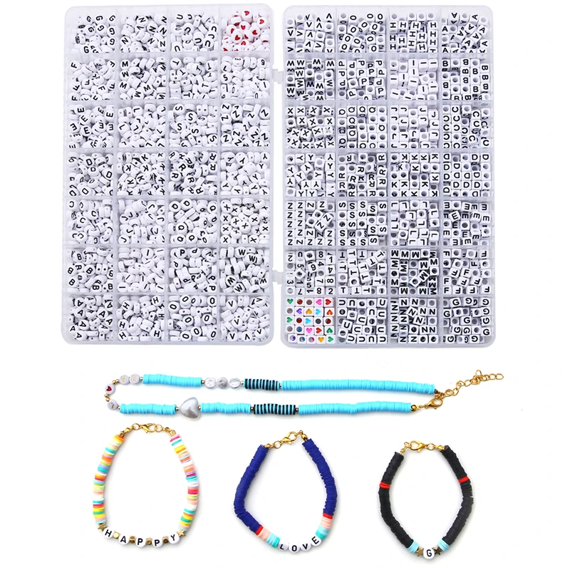 1200pcs/Box Acrylic English Alphabet Letter Beads Kits With Stretch Cords For Name Bracelets Jewelry Making Acrylic Beads Box