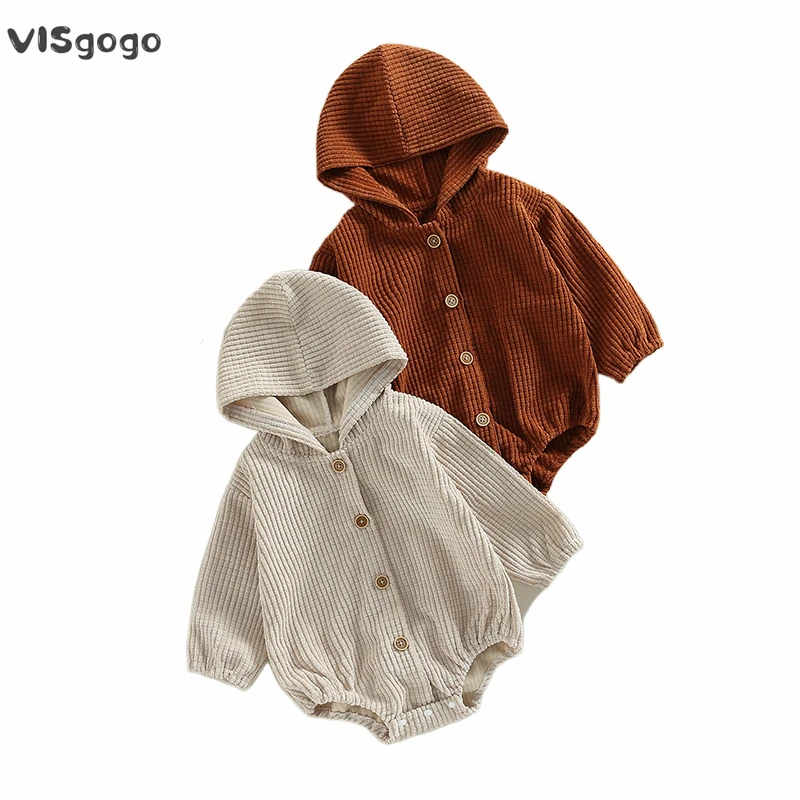 

VISgogo Infant Baby Girls Boys Romper Solid Color Hooded Button-Down Long Sleeve Jumpsuits Spring Baby Autumn Casual Clothes