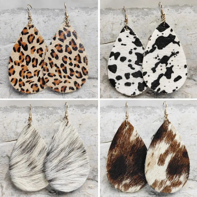 Cow Print Leopard Earrings - Genuine Leather & Wood Teardrop Dangle Earrings For Women