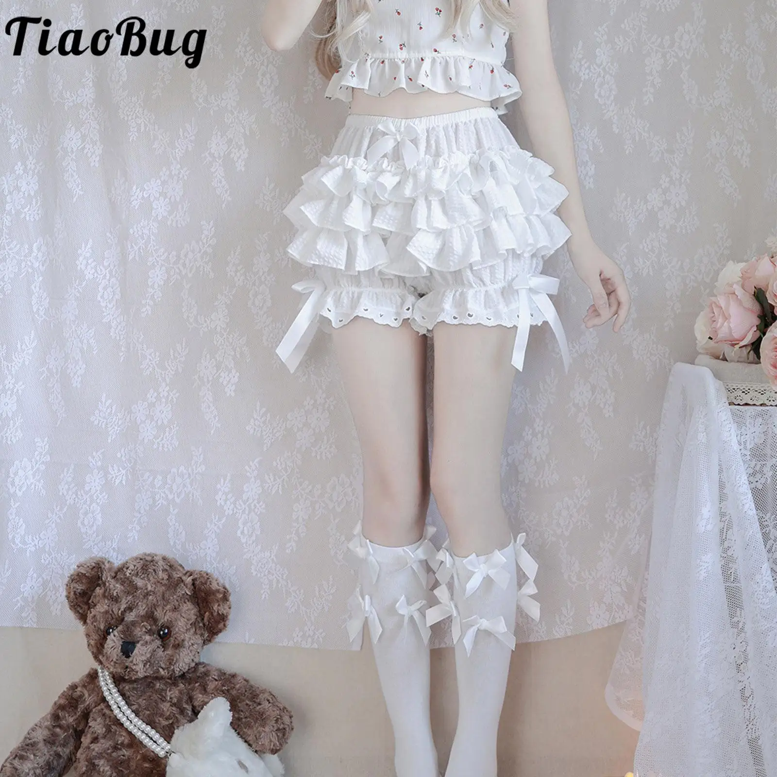 Lolita Short Black White Shorts Womens Cute Lace Trim Layered Ruffle Bloomers Short Girls Mid Waist Bowknot Decor Frilly Panties cute lolita socks women frilly ruffle korean style bowknot lace sweet lovely soft girl mesh pure cotton sock princess jk uniform