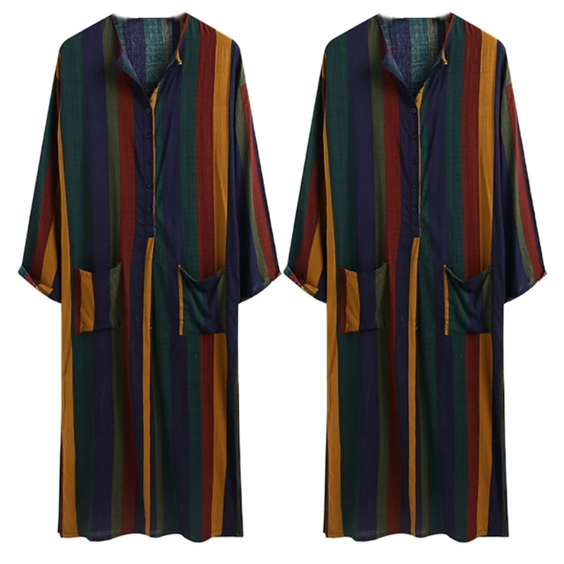 Traditional Muslim Clothing Men Robes Long Sleeve Round Collar Robes with Pocket Breathable Striped Robes