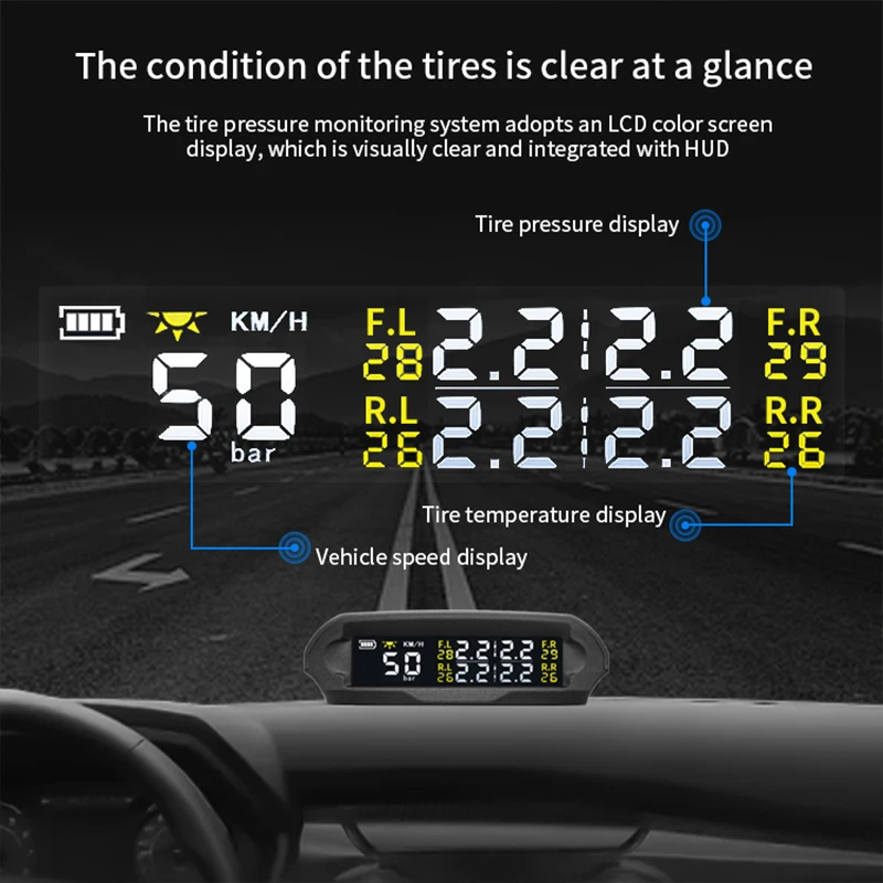 HUD GPS Speedometer + TPMS Tyre Pressure Monitoring System 2 in 1 Car Wireless Solar Power Security Alarm System