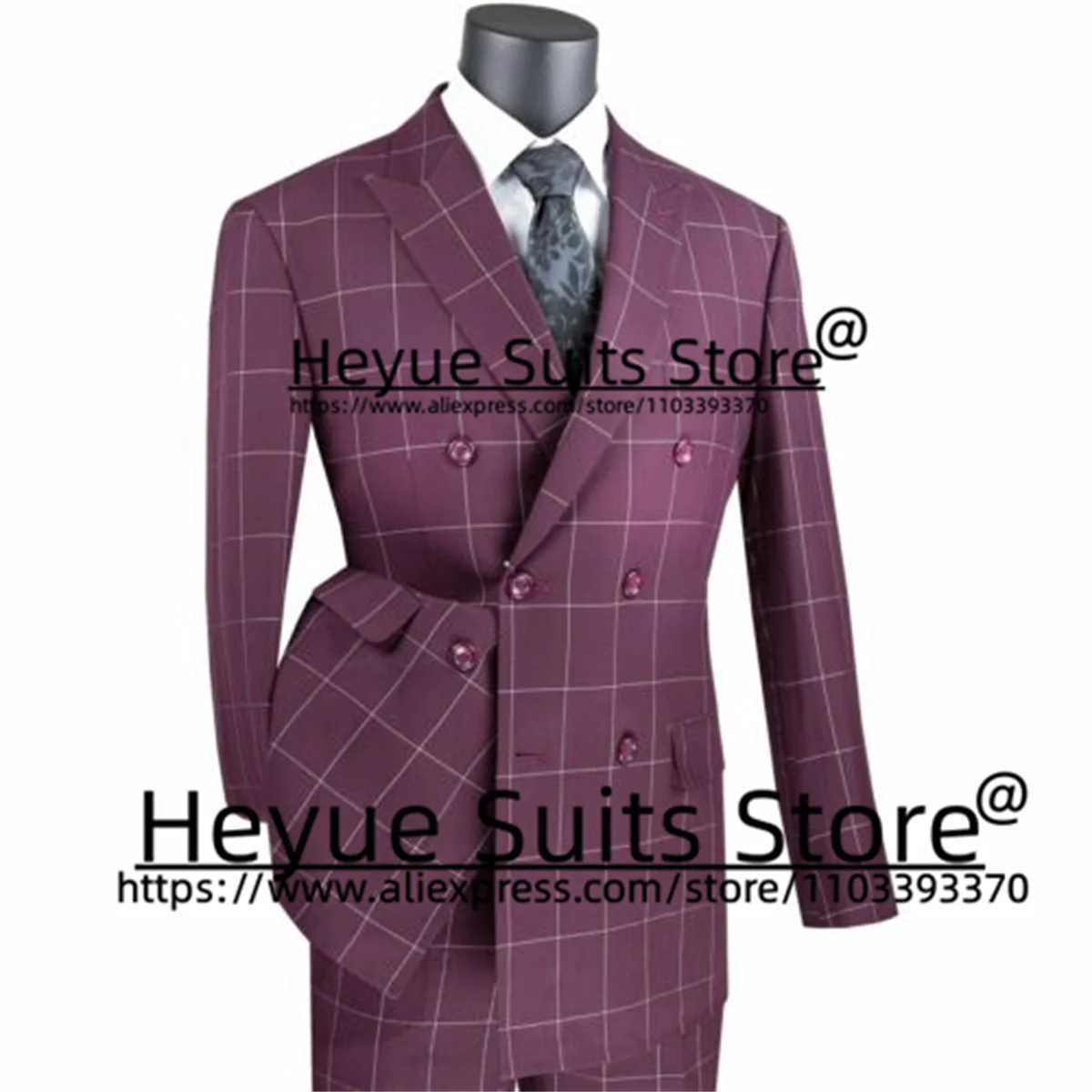 Wine red Double-breasted Wedding Suits For Men Slim Fit Peak Lapel Groom  Tuxedos 2 Pcs Sets Business Male Blazer Costume Homme