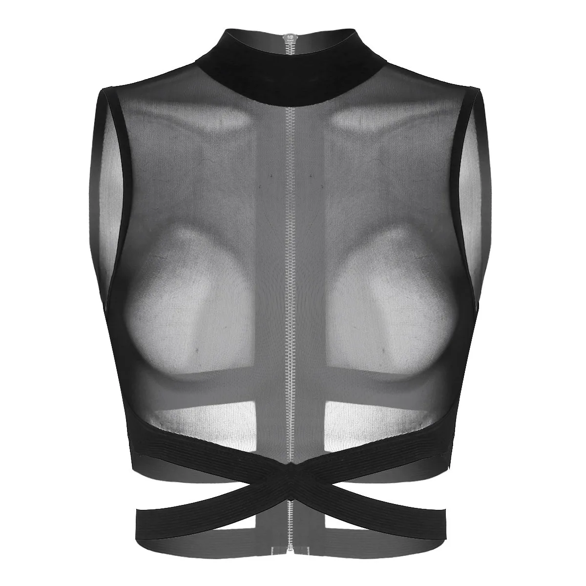 thumbnail image 1 of IEFiEL-Tops sexis para fiesta y discoteca para mujer, camisetas sin mangas con cuello redondo y malla transparente con cremallera en la espalda elástica con tiras entrecruzadas, 1 of 4