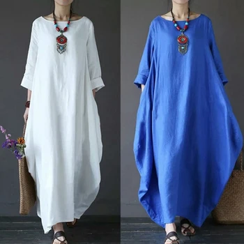 Women Summer Thin Cotton Linen Loose Dress Literary Boho Long Sleeve Dress Lady Solid Color Robe Vintage Kaftan