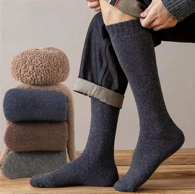 Winter Thick Warm Knee-High Men's Wool Socks Merino Calf Socks Casual Cashmere Terry Fashion Stockings 3 Pair