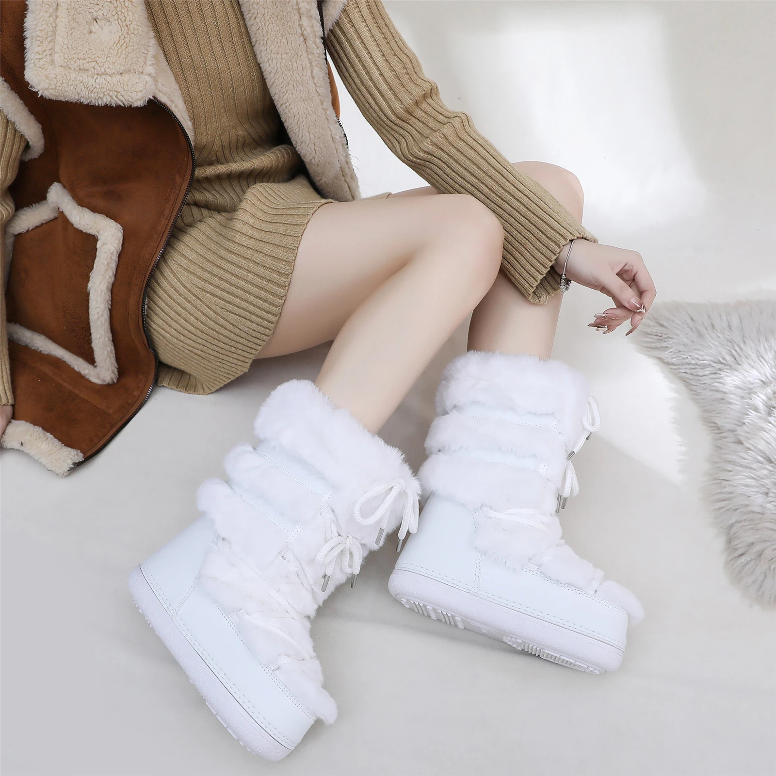 Bottes Mi-mollet Fausse Fourrure Femme - Doublure Chaude, Antidérapantes, Pour Hiver, Neige Et Intérieur - 11