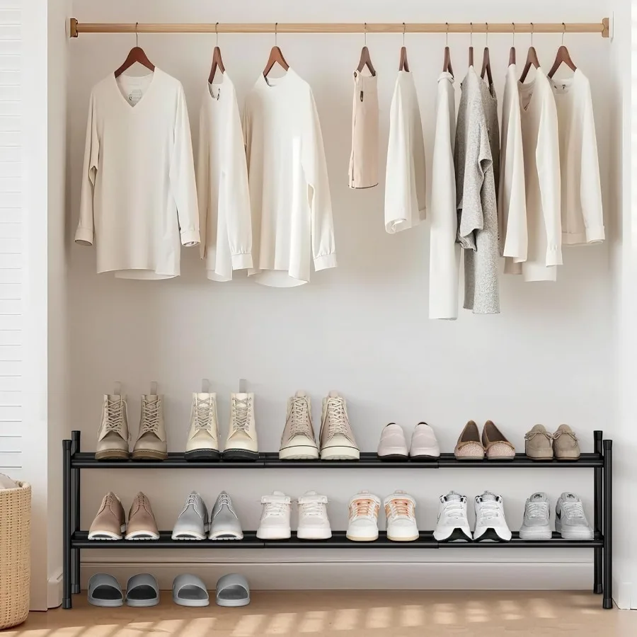 Long Expandable Shoe Rack 12 Pairs Metal Wide Stackable Shoe Rack Adjustable Shoes Shelf Freestanding Shoes Organizer for Close