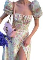 Elegant Floral Maxi Dress for Women with Puff Sleeves and Split